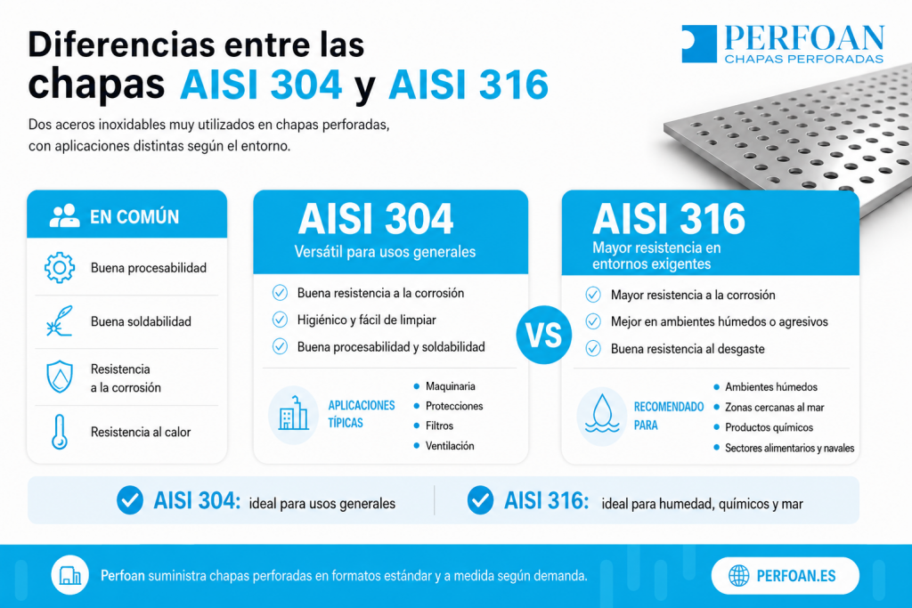Fabricación de chapas perforadas de acero inoxidable AISI 304 y AISI 316 a medida